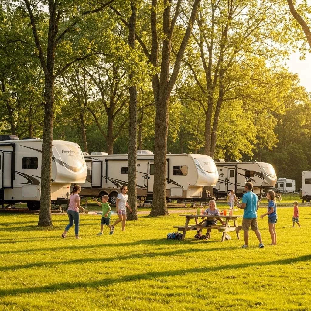 Seasonal RV campground in Ohio with families enjoying outdoor activities and lush greenery