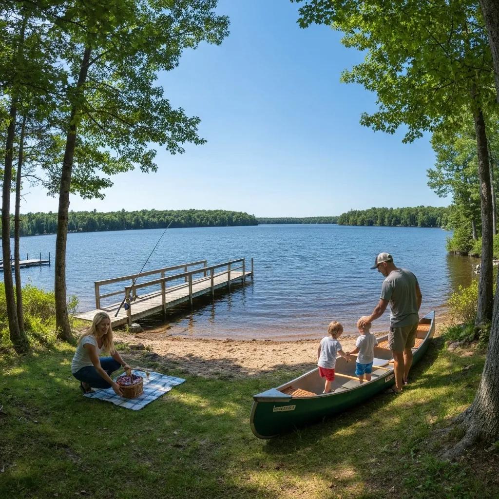A waterfront campsite offering panoramic lake views, private beach access, and a family picnicking by the water