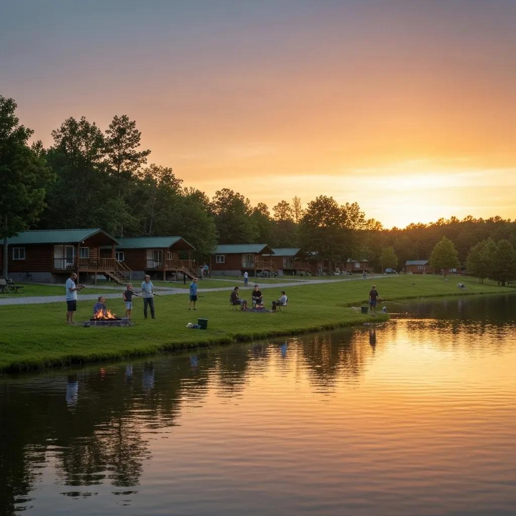 Families enjoying a sunny day at a lakeside campground with RVs, swimming, and fishing activities