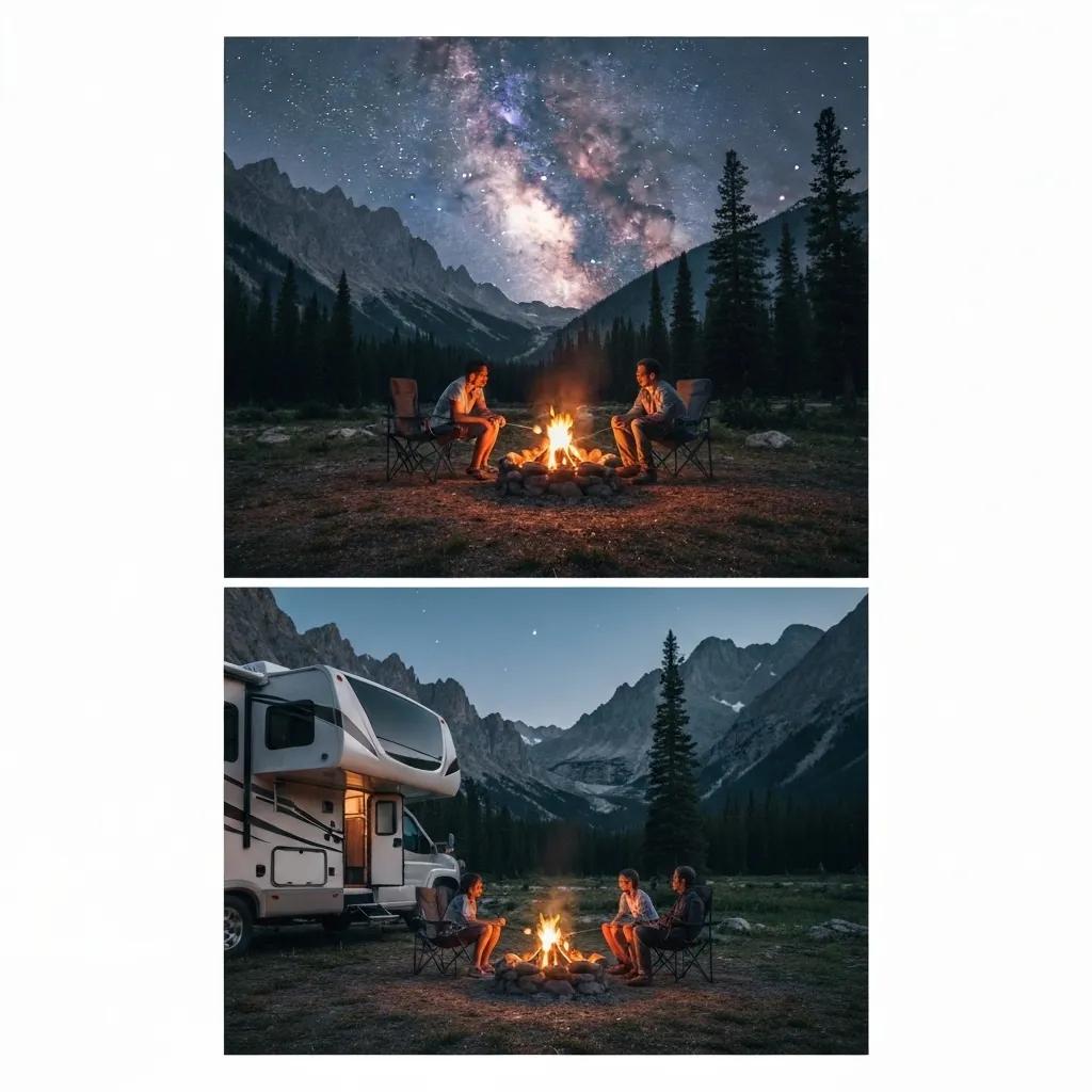 Family enjoying seasonal camping at a picturesque campground with RV and children playing