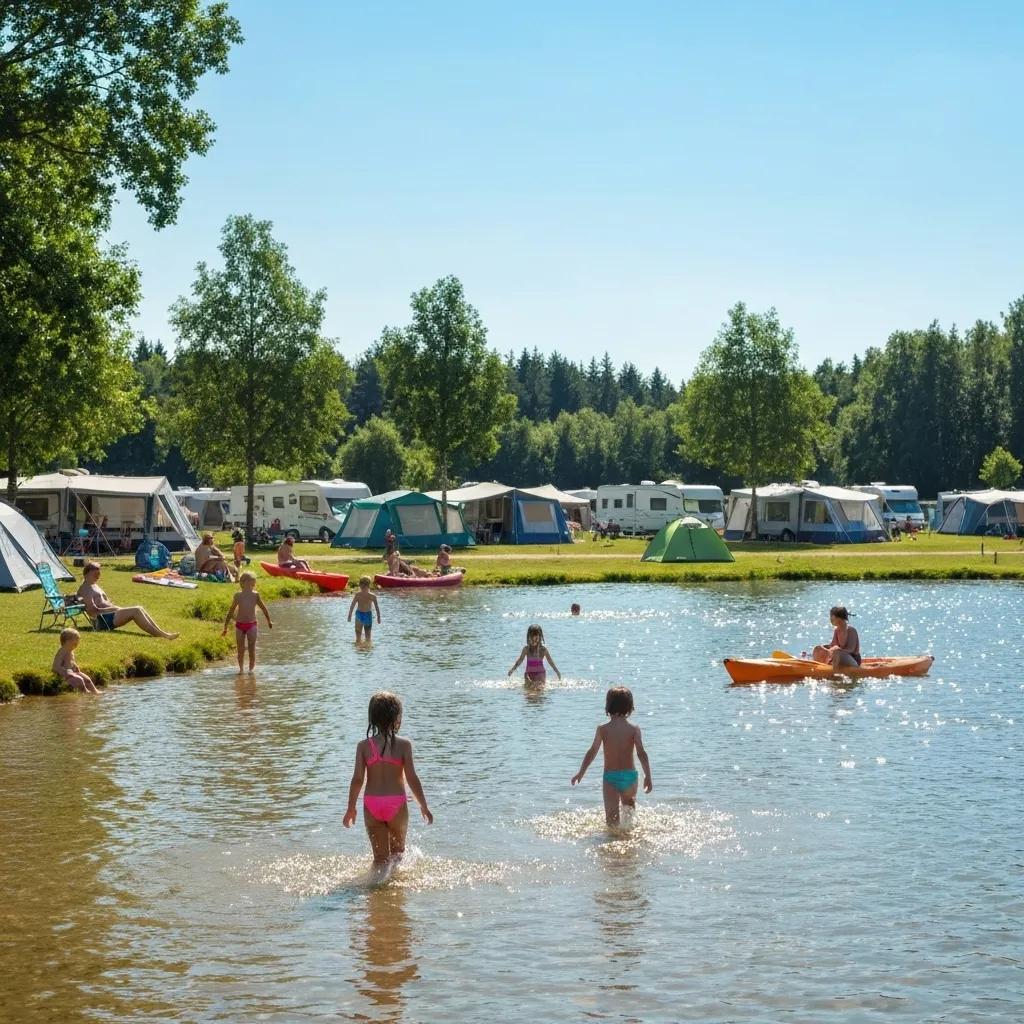 Family-friendly campground with lake access, showcasing families enjoying outdoor activities