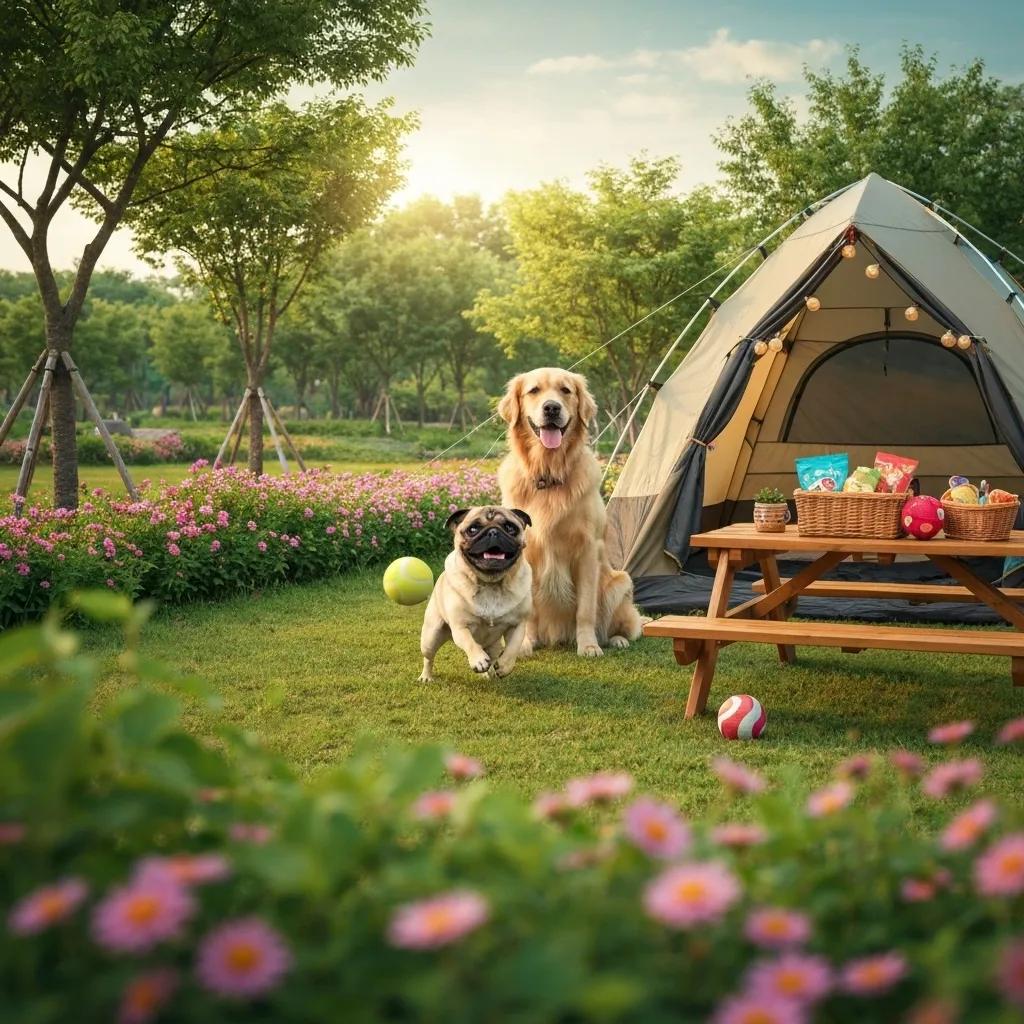 Happy dog at a pet-friendly campground with tent and picnic area