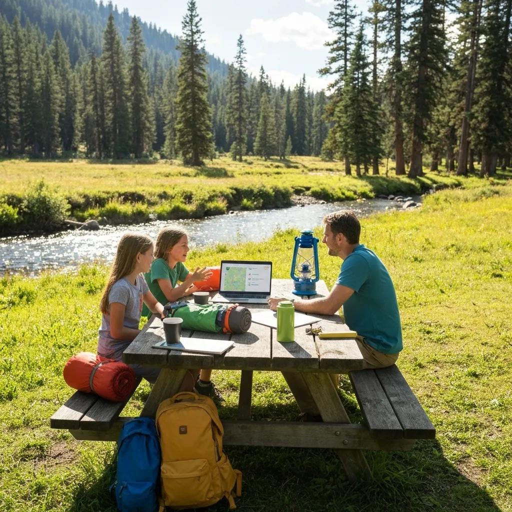 A family is gathered around a picnic table in a national park, planning their camping trip.