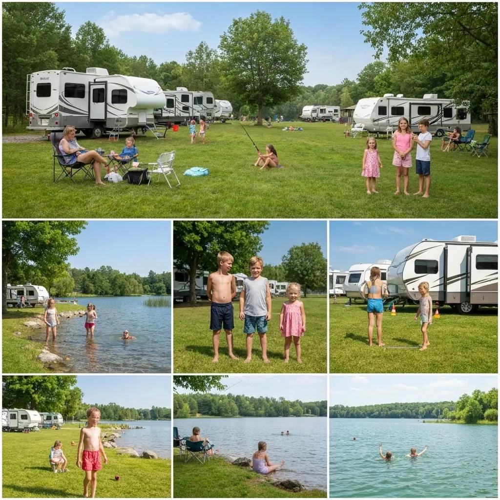 Scenic campground with families enjoying outdoor activities by the lake