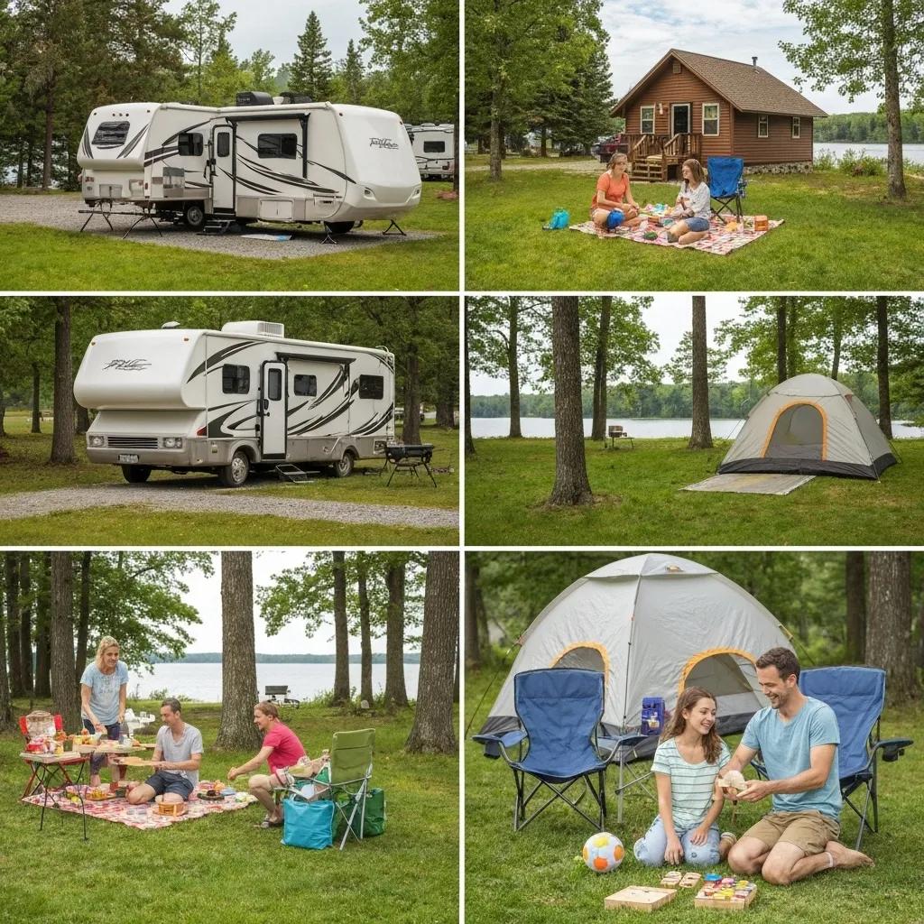 Family enjoying camping amenities at a campground along I-80, featuring RV, tent, and cabin