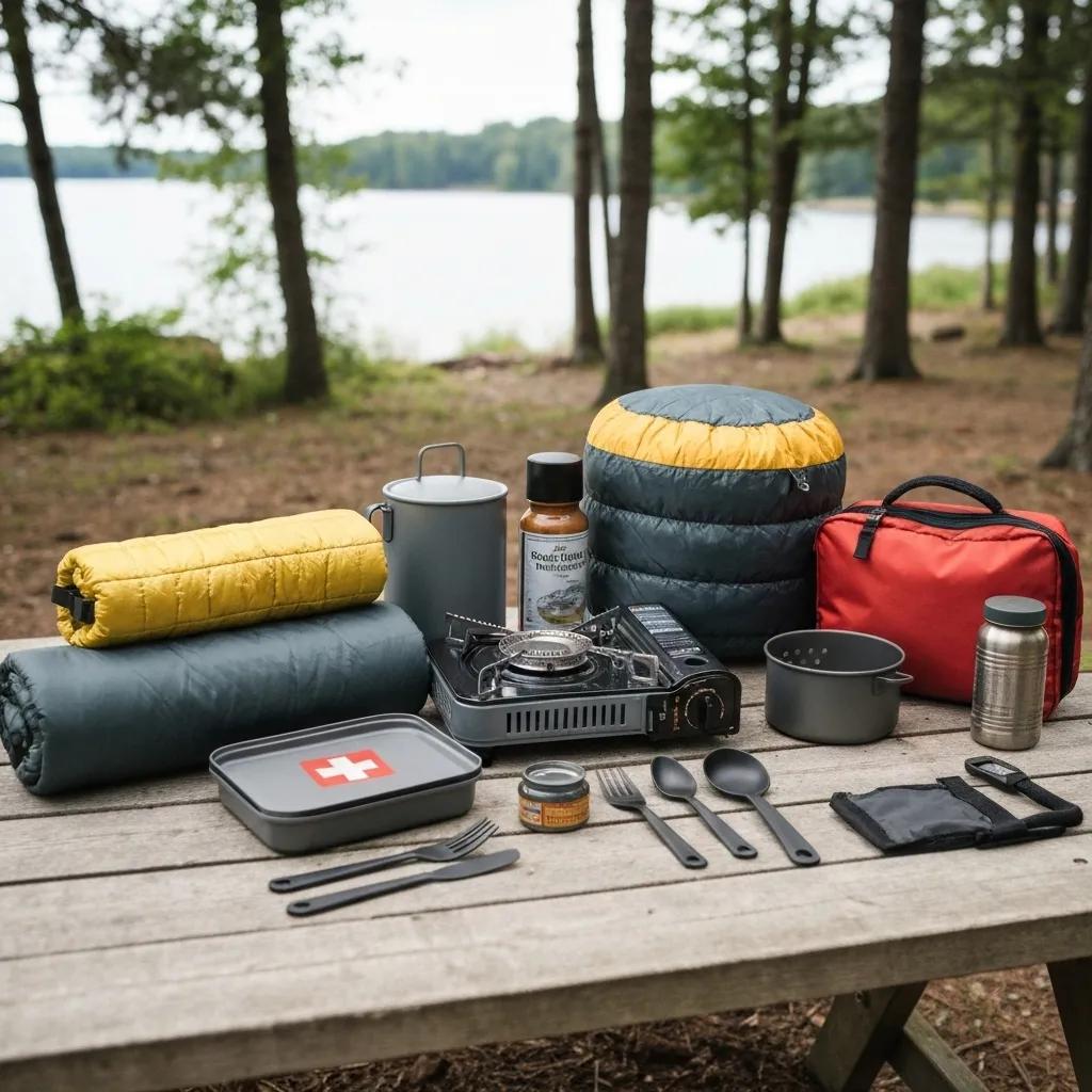Essential camping gear displayed on a picnic table, showcasing items for a flawless tent setup