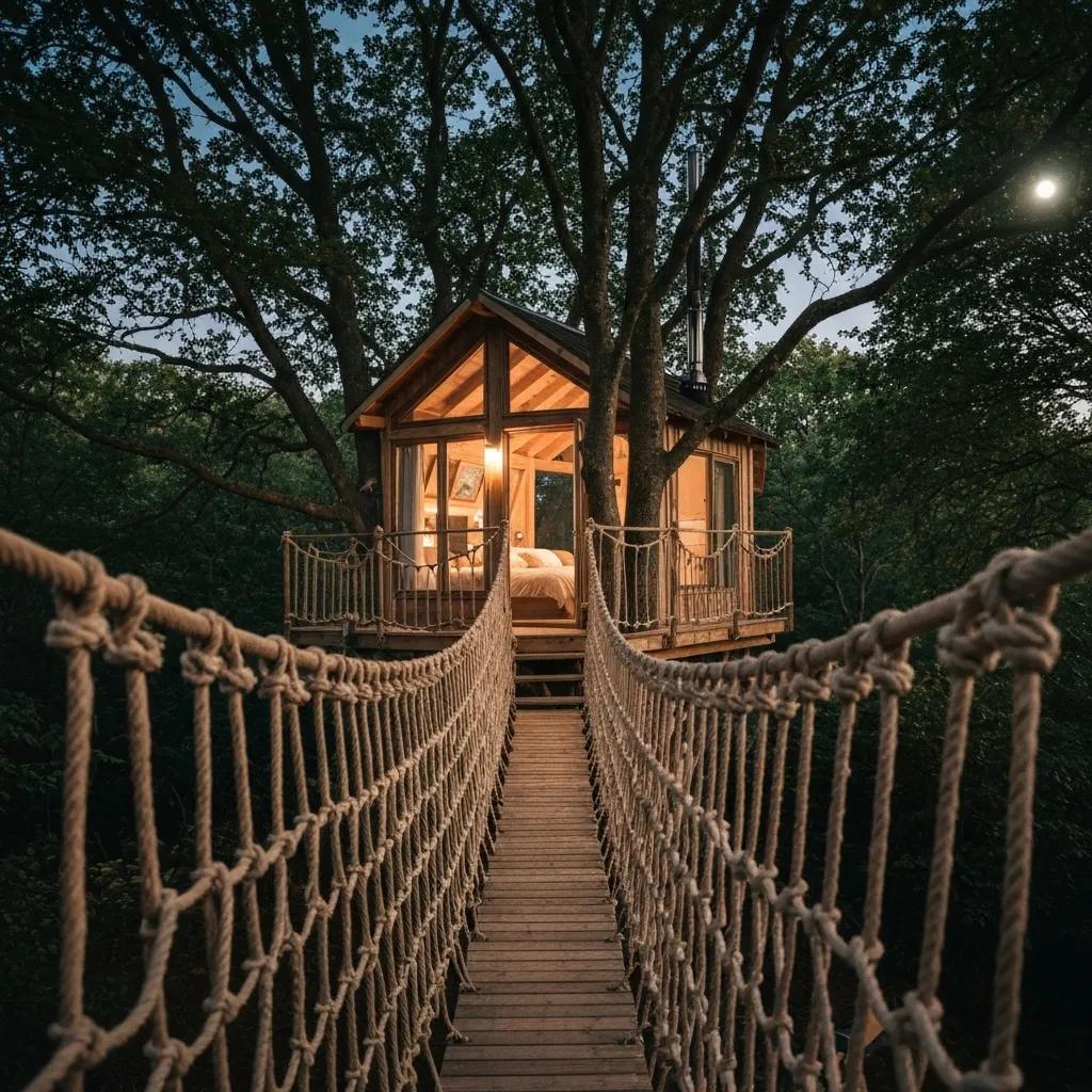 An enchanting treehouse nestled within a forest, highlighting the unique allure of treehouse camping