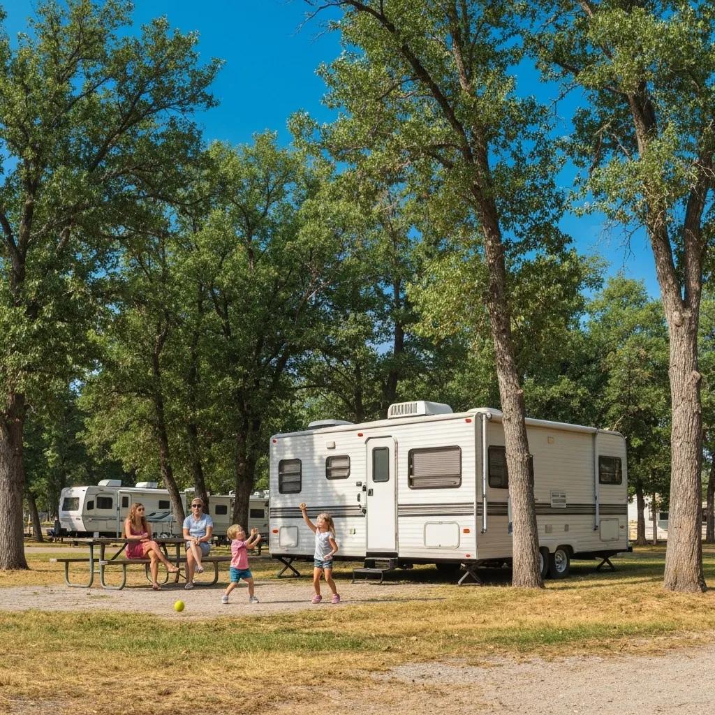 Family enjoying an RV camping experience at a scenic campground along Interstate 80
