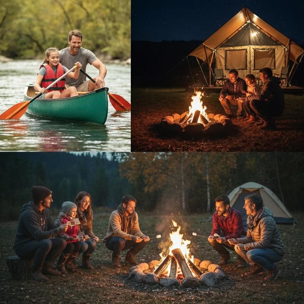 Families engaging in a variety of year-round camping activities, including splashing in water parks, hiking scenic trails, and enjoying cozy winter glamping