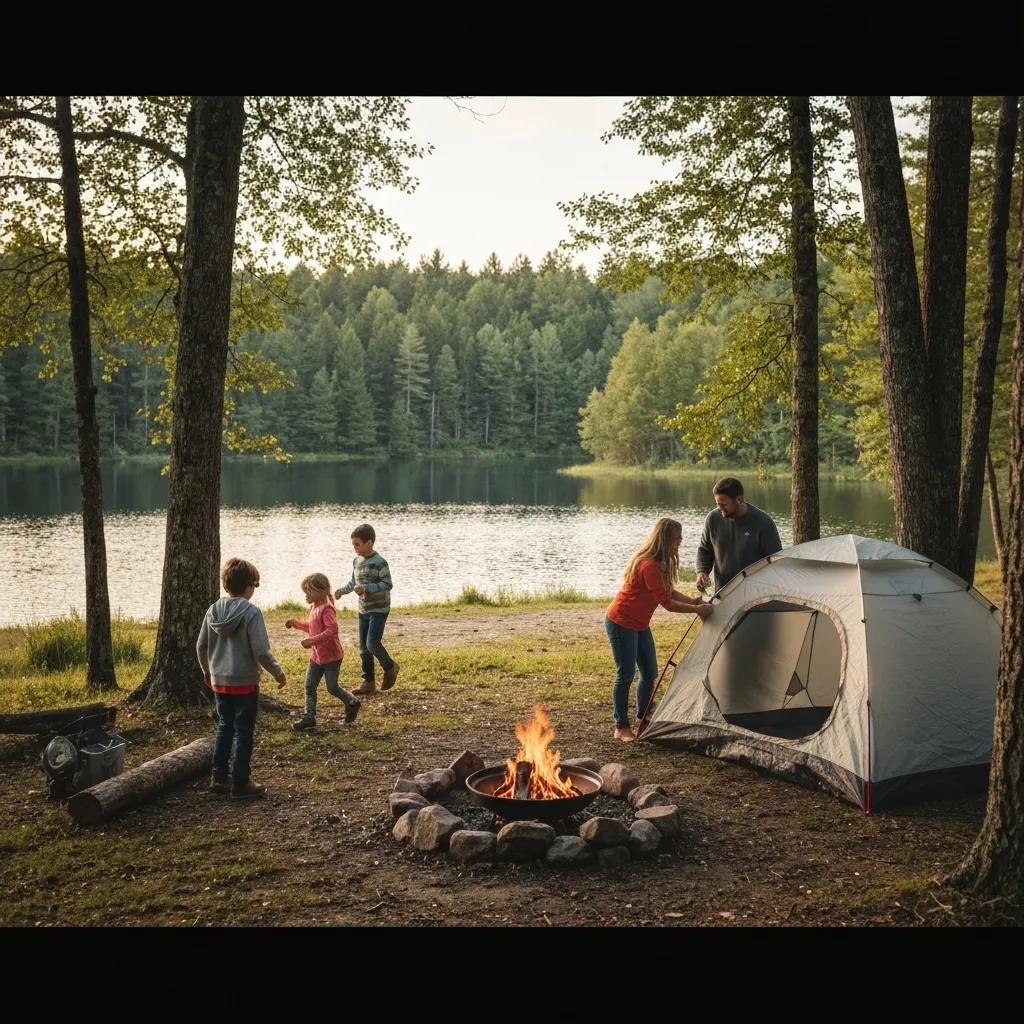 Family camping at GatherGrounds Resorts with a tent by the lake