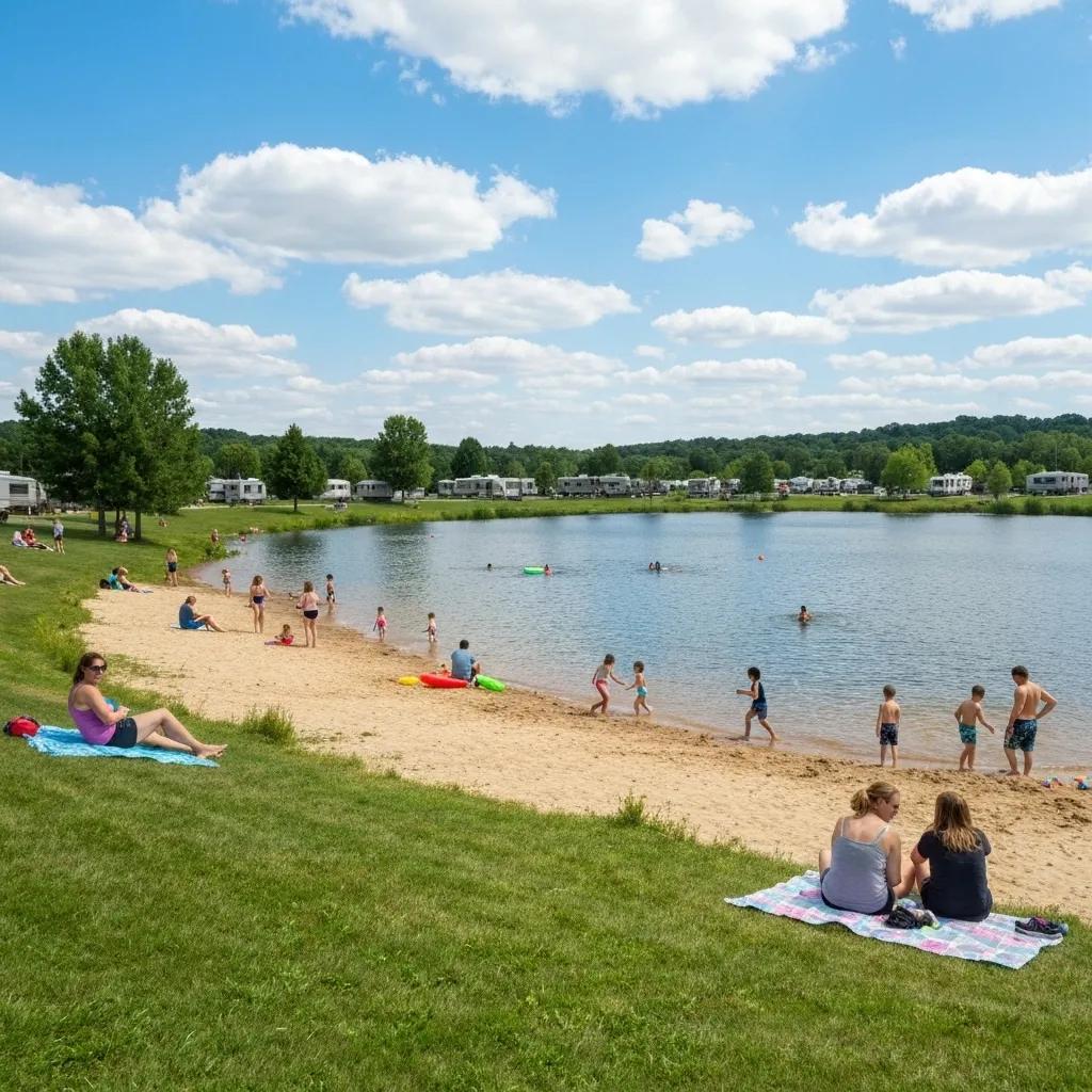 Ridge Ranch Campground's lakefront with families enjoying the beach and swimming area.