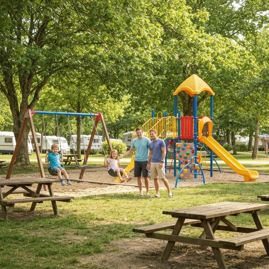 A family joyfully engaging at a campground playground, with children actively playing and parents watching nearby.
