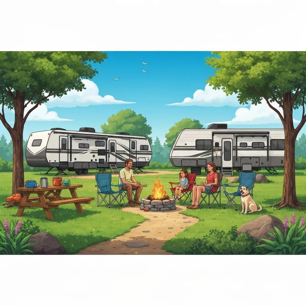 Family enjoying a long-term camping experience at GatherGrounds Resorts with RV and campfire