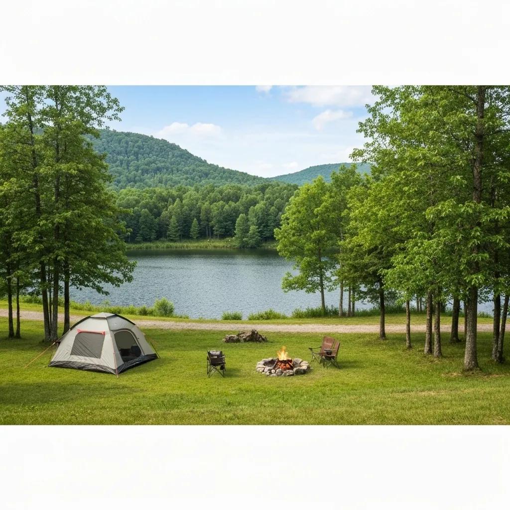 Scenic campground with a tent and campfire near a serene lake, highlighting the beauty of nature and convenience of highway access