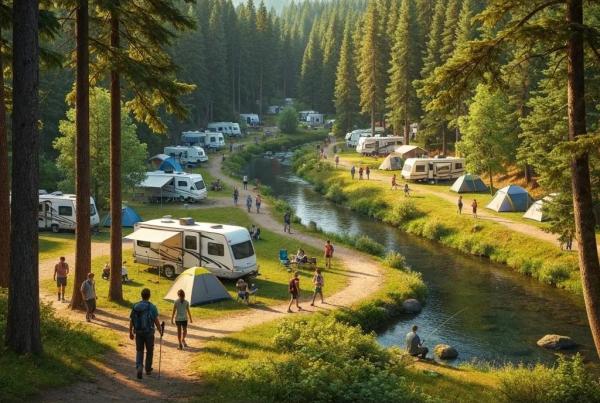 Scenic campground with tents and RVs surrounded by nature, evoking adventure and tranquility