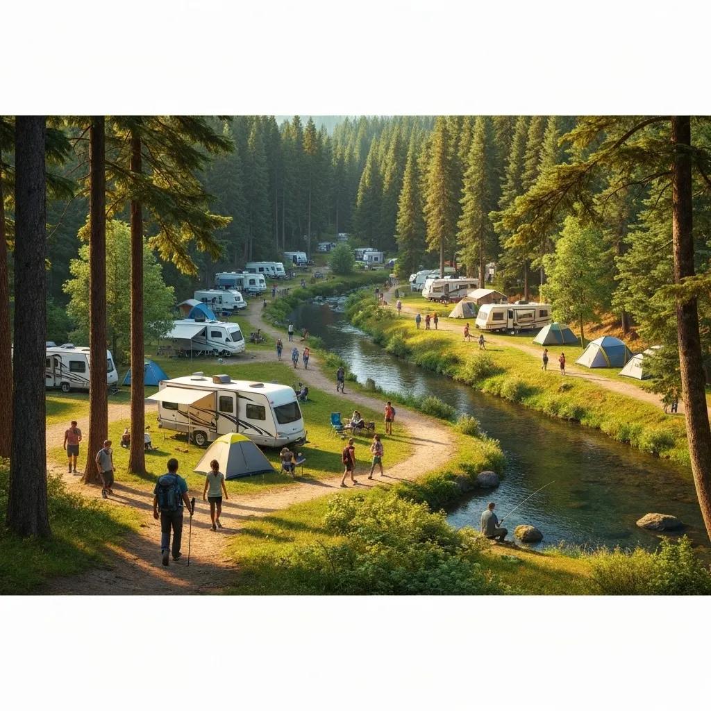 Scenic campground with tents and RVs surrounded by nature, evoking adventure and tranquility