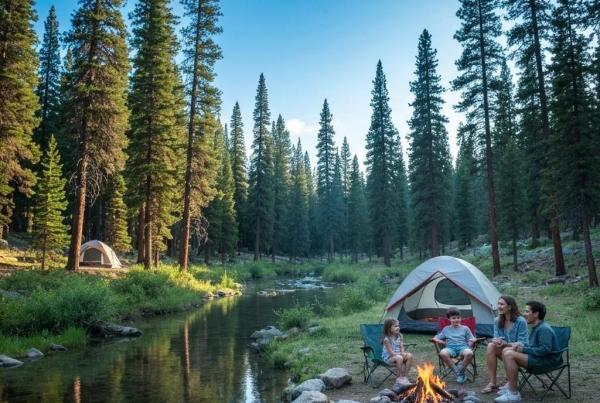 Secluded campground with a tent by a stream, surrounded by pines and a clear sky