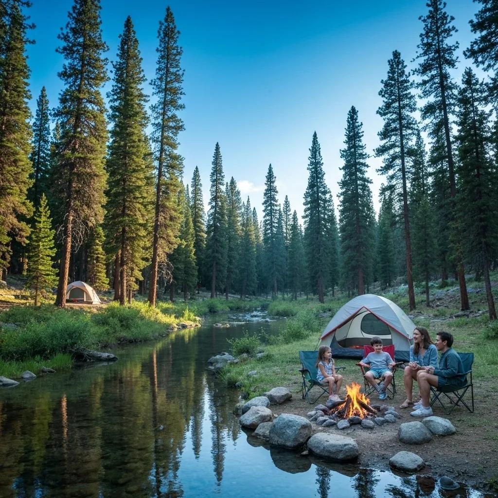 Secluded campground with a tent by a stream, surrounded by pines and a clear sky