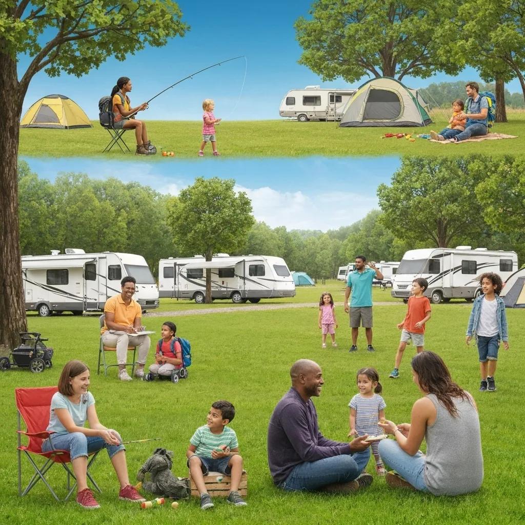 Families enjoying outdoor activities at a campground, highlighting the joy of camping together