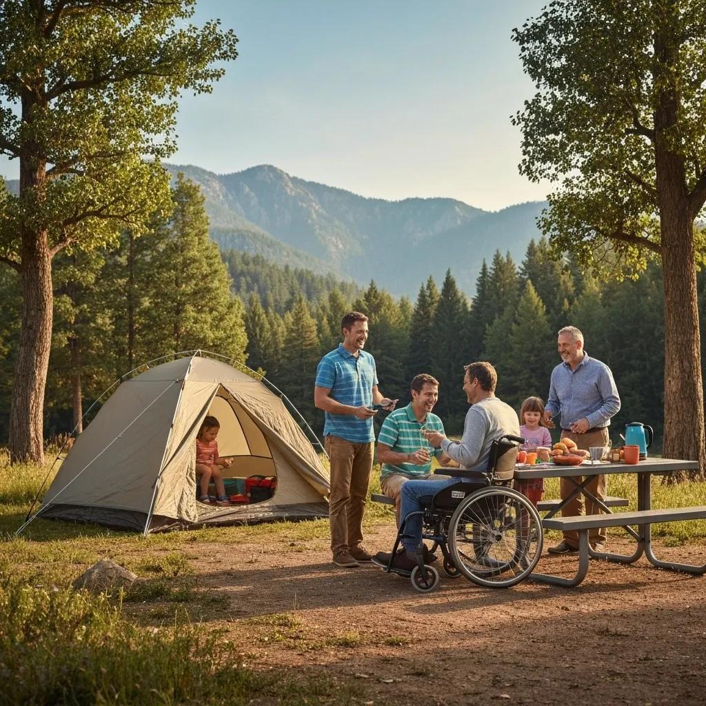 Family enjoying accessible camping at a national park with a wheelchair-friendly campsite