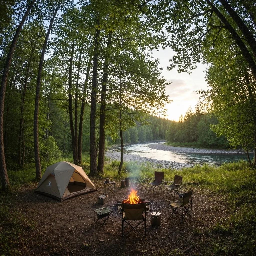 Cozy tent in a lush forest with a campfire, representing ideal local camping experiences
