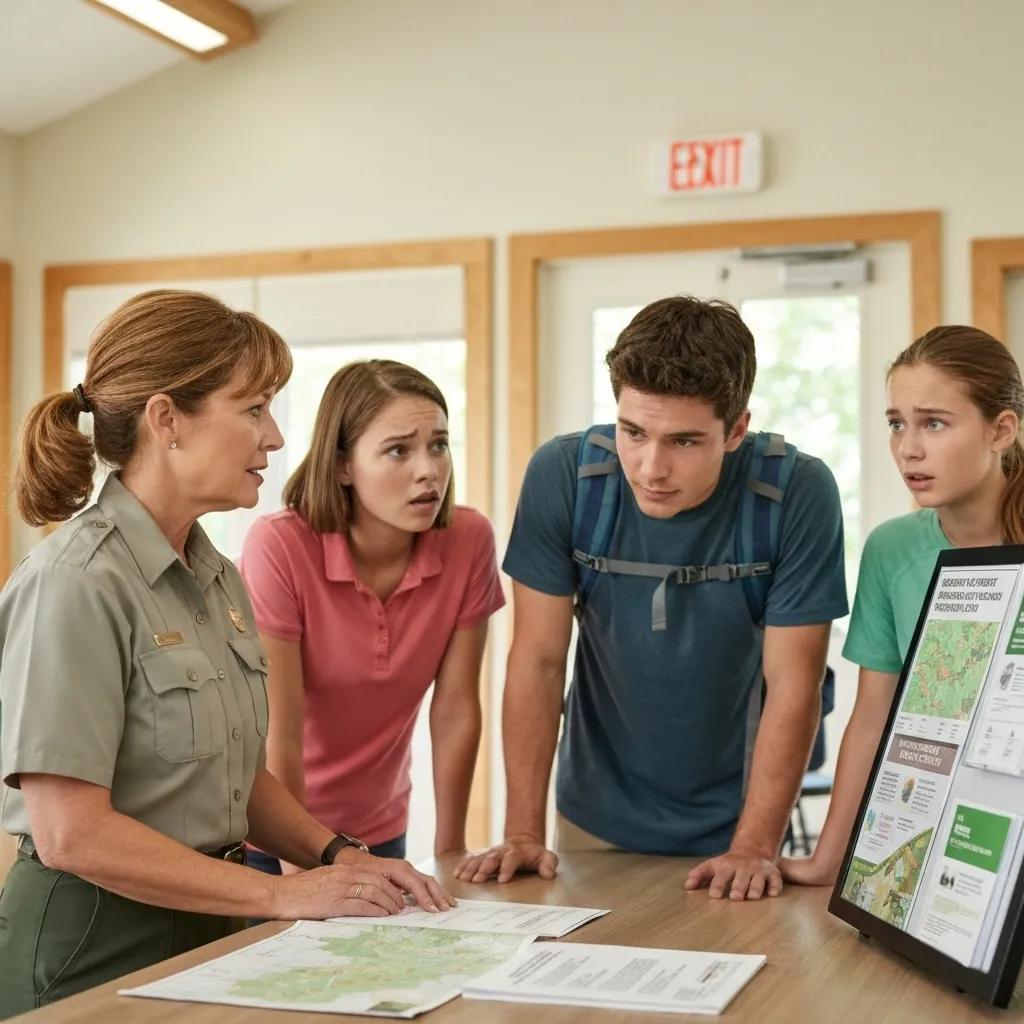 A family consulting with friendly campground staff, creating a welcoming atmosphere