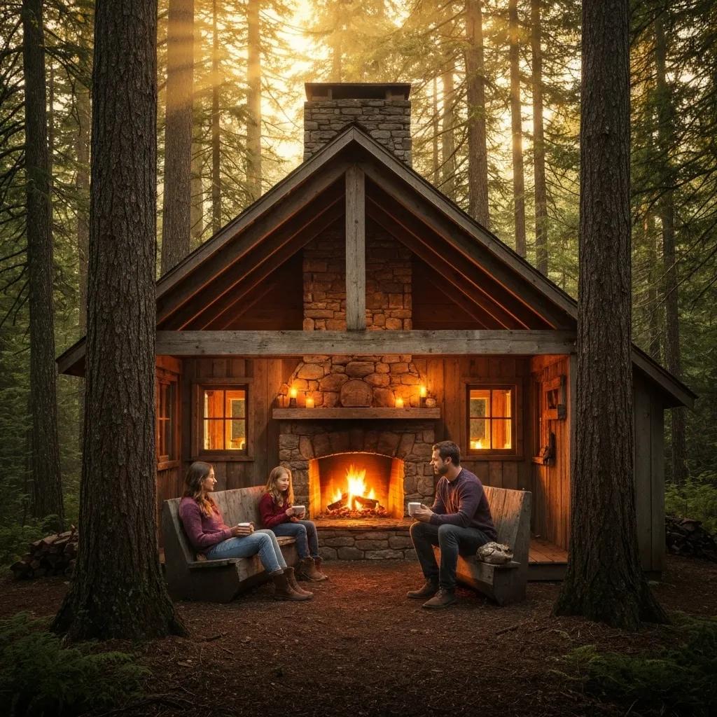 A variety of lodging options at a lakeside campground, including cozy cabins and traditional tents