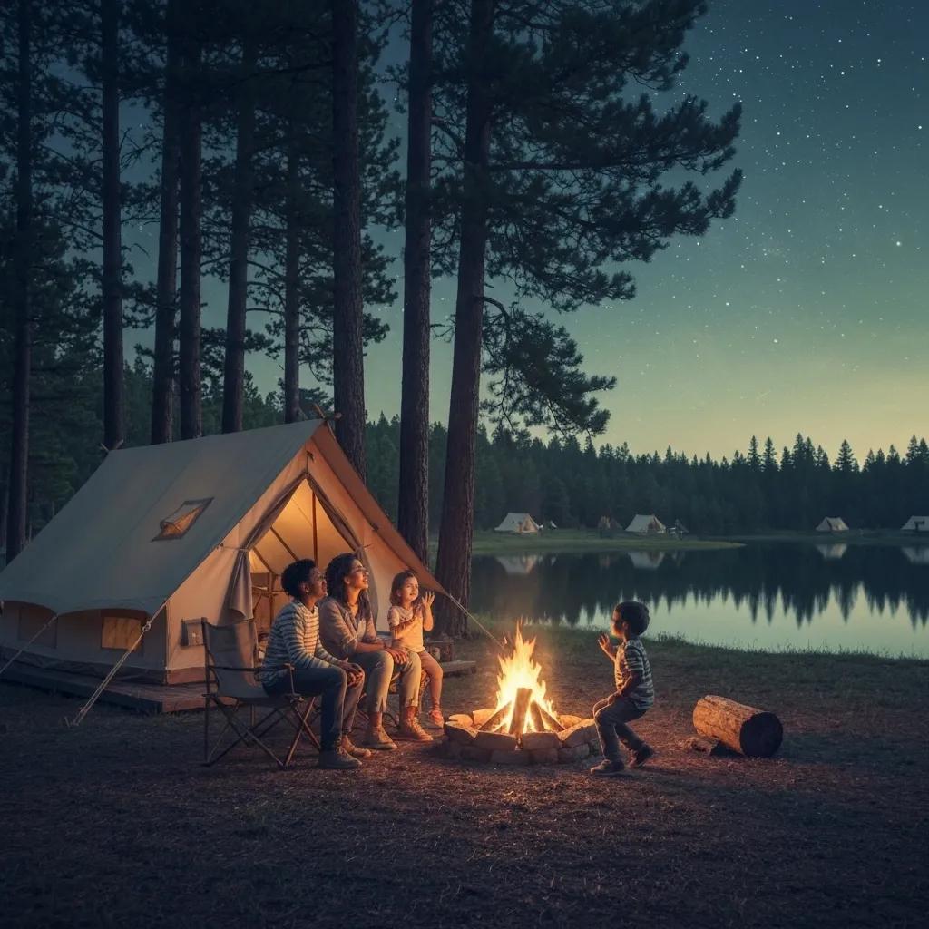 Family camping scene with children playing near a tent in a lush campground