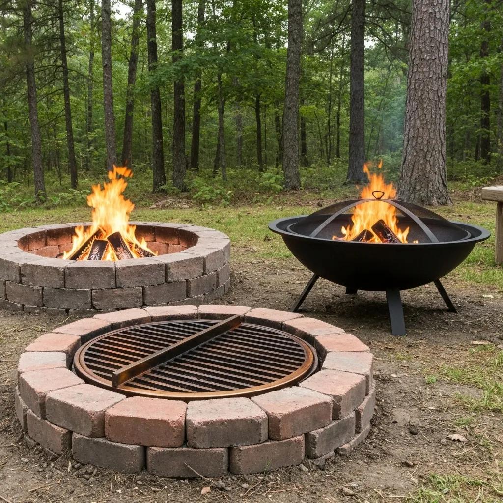 A collage showcasing different types of campground fire pits: a simple in-ground ring, a portable metal bowl on legs, and a rustic stone-lined pit.