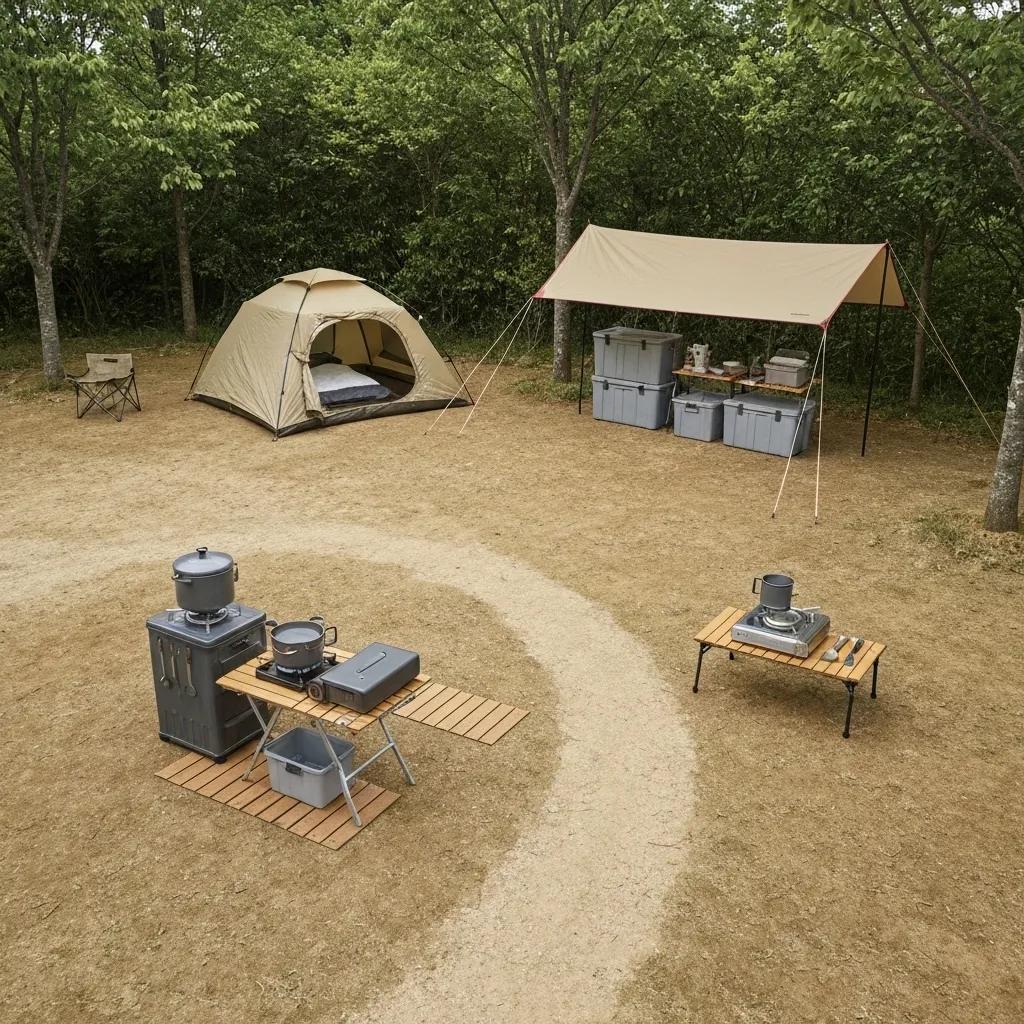 Well-organized campsite layout with designated areas for sleeping, cooking, and storage