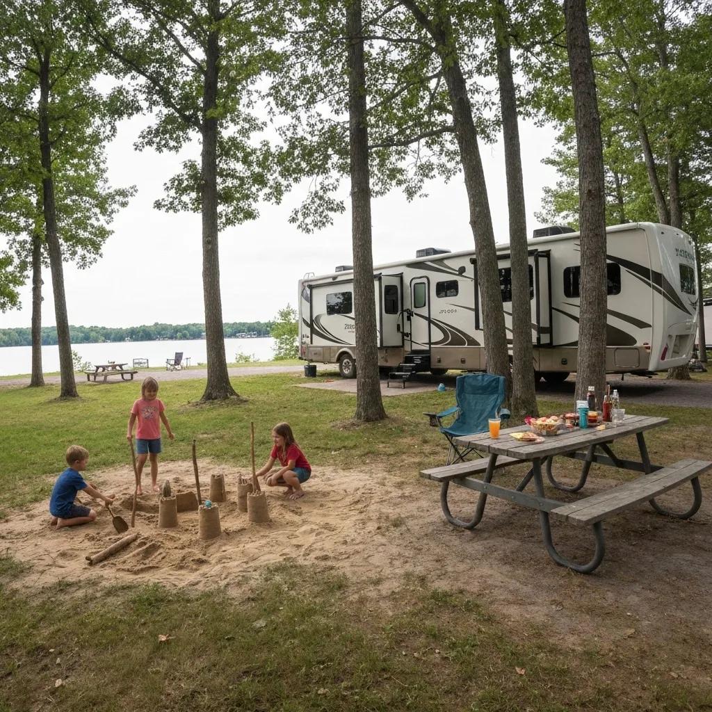 A happy family enjoying an RV camping trip in Michigan, with kids playing near a beautiful lake.