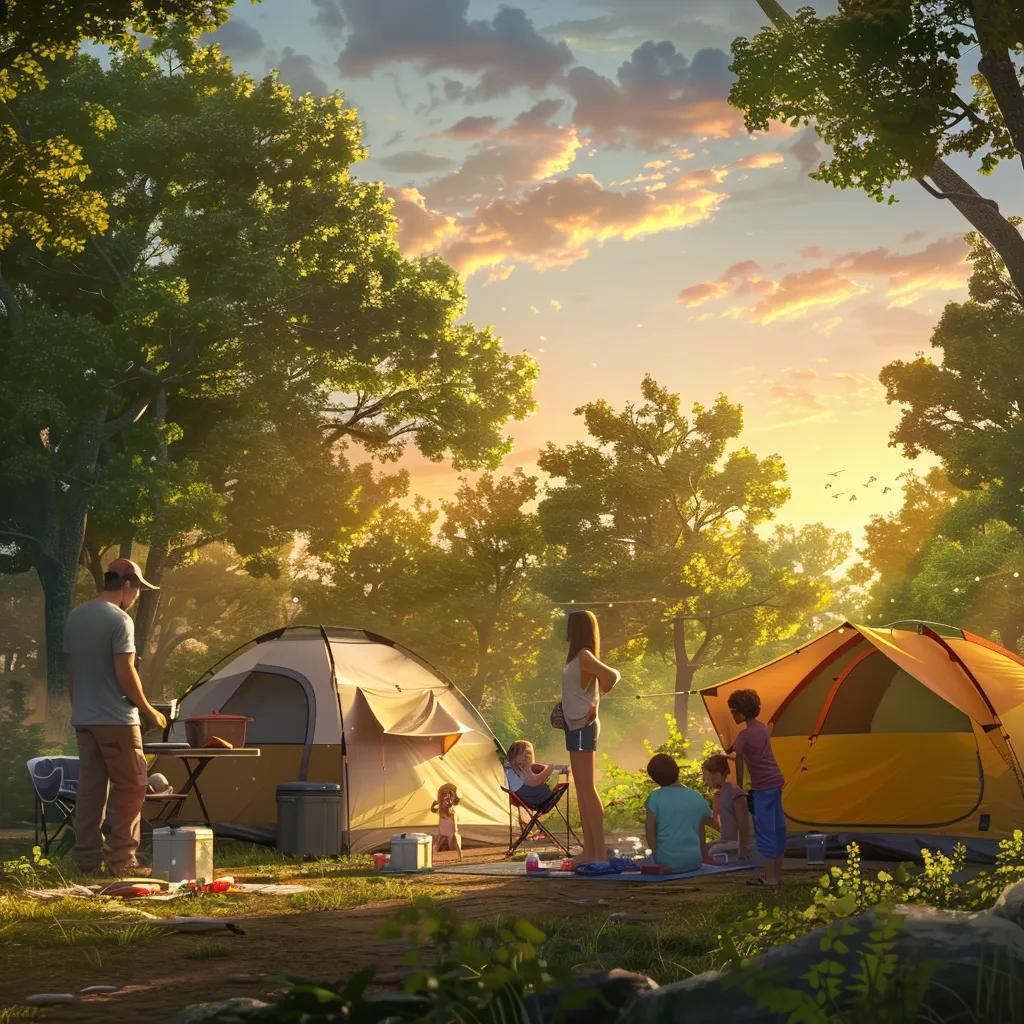 Family setting up a campsite with essential camping gear in a beautiful campground