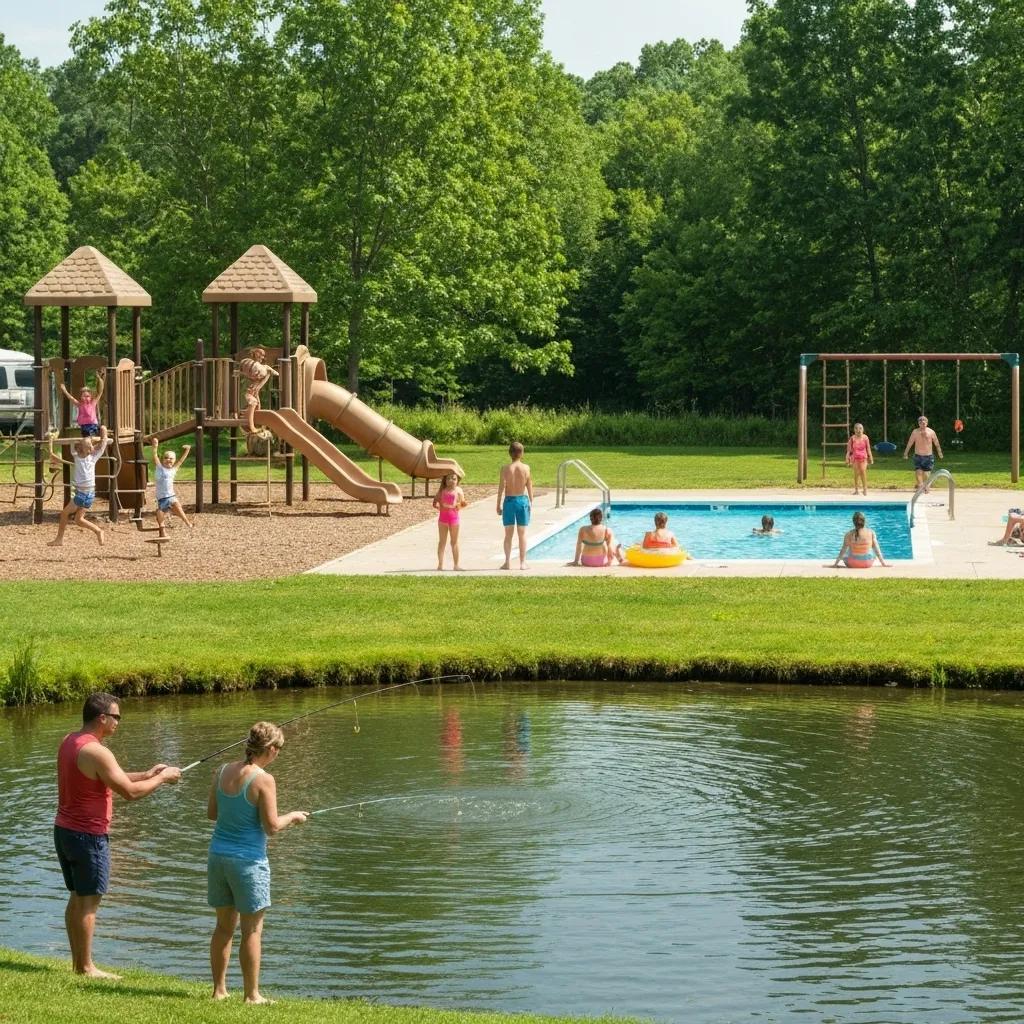 Ridge Ranch Campground amenities including playground, swimming pool, and fishing pond, ideal for families