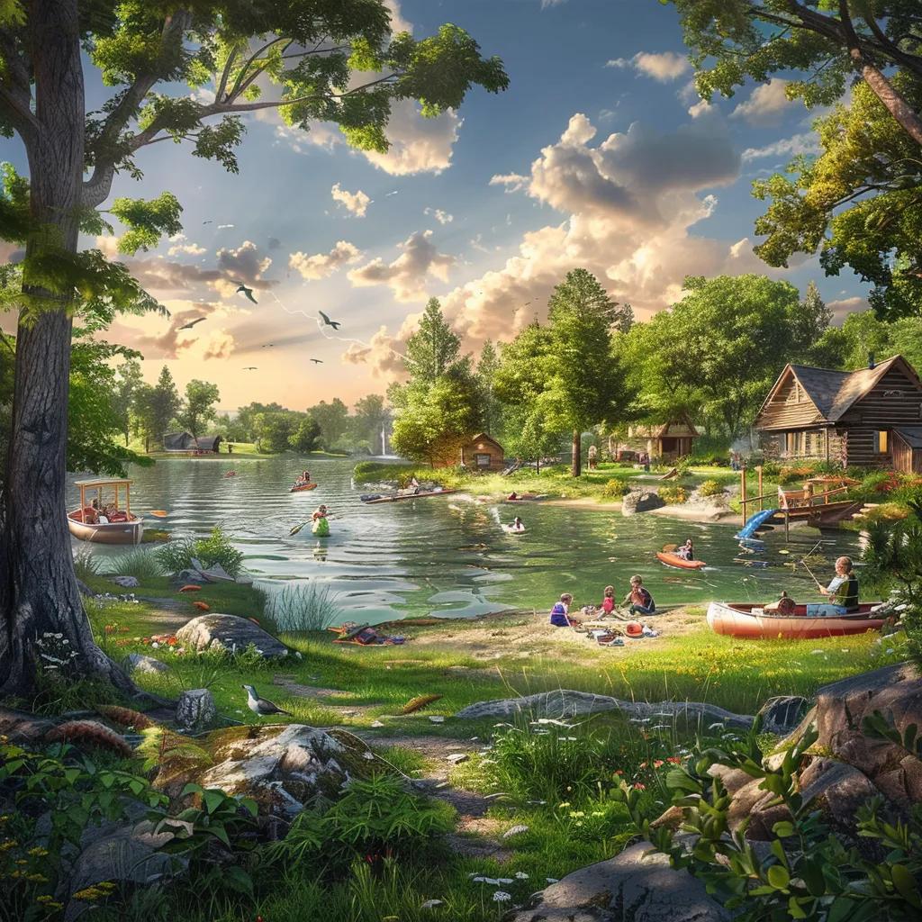 Lakeside rustic campground in Michigan with families enjoying outdoor activities