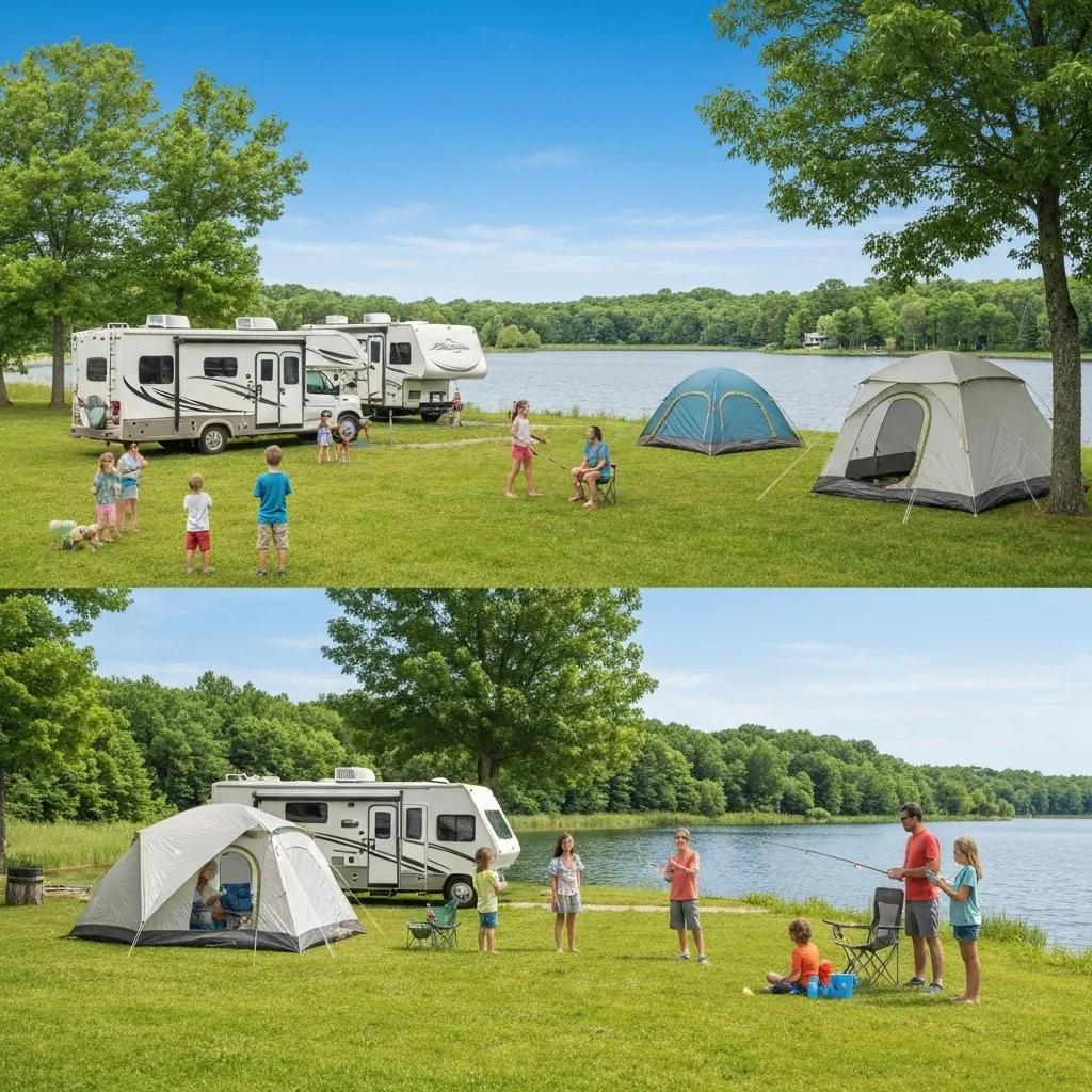 Family camping in Michigan with tents and RV by a lake