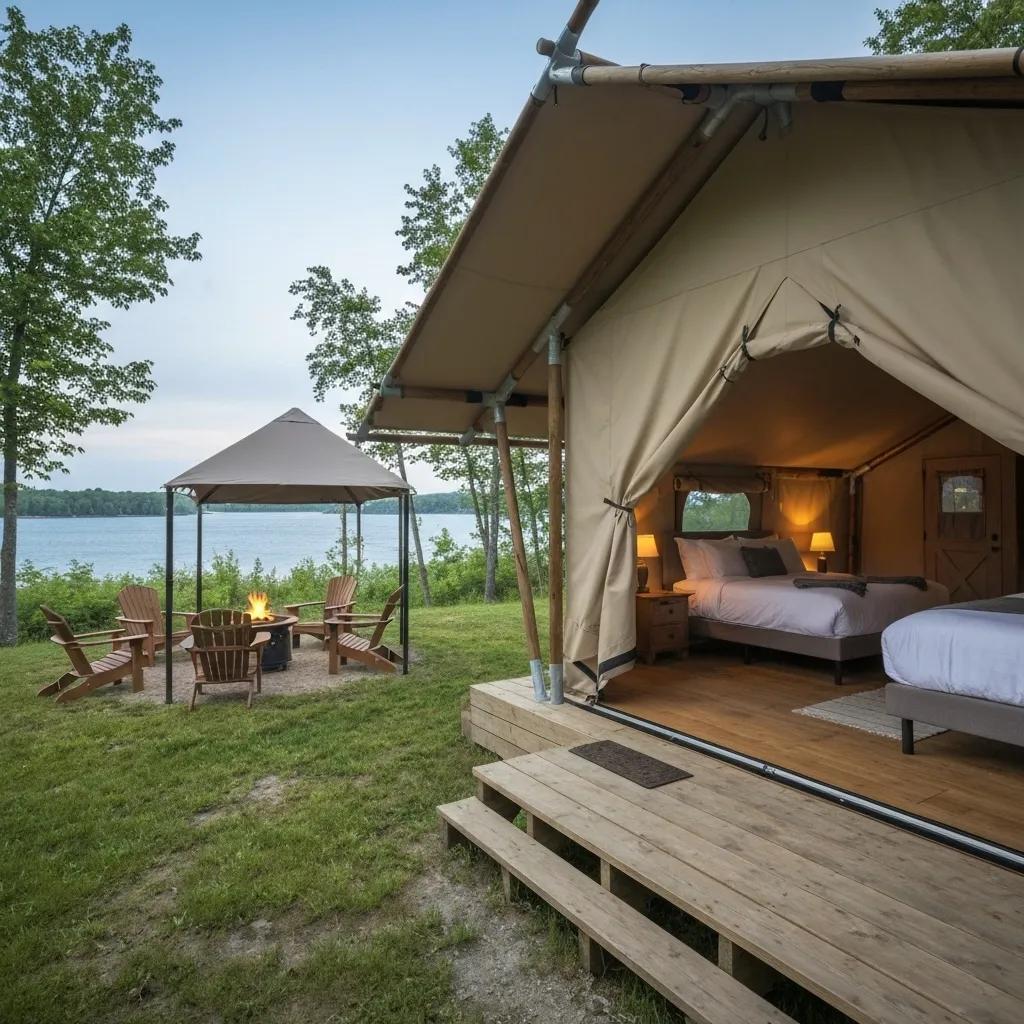 Luxurious glamping tent in Michigan, featuring comfortable furnishings and scenic views