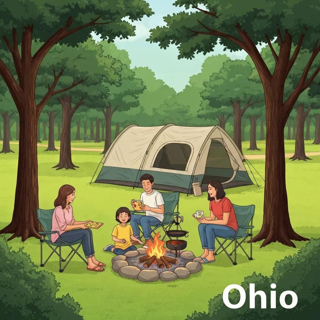 Family camping in Ohio with children playing and enjoying nature