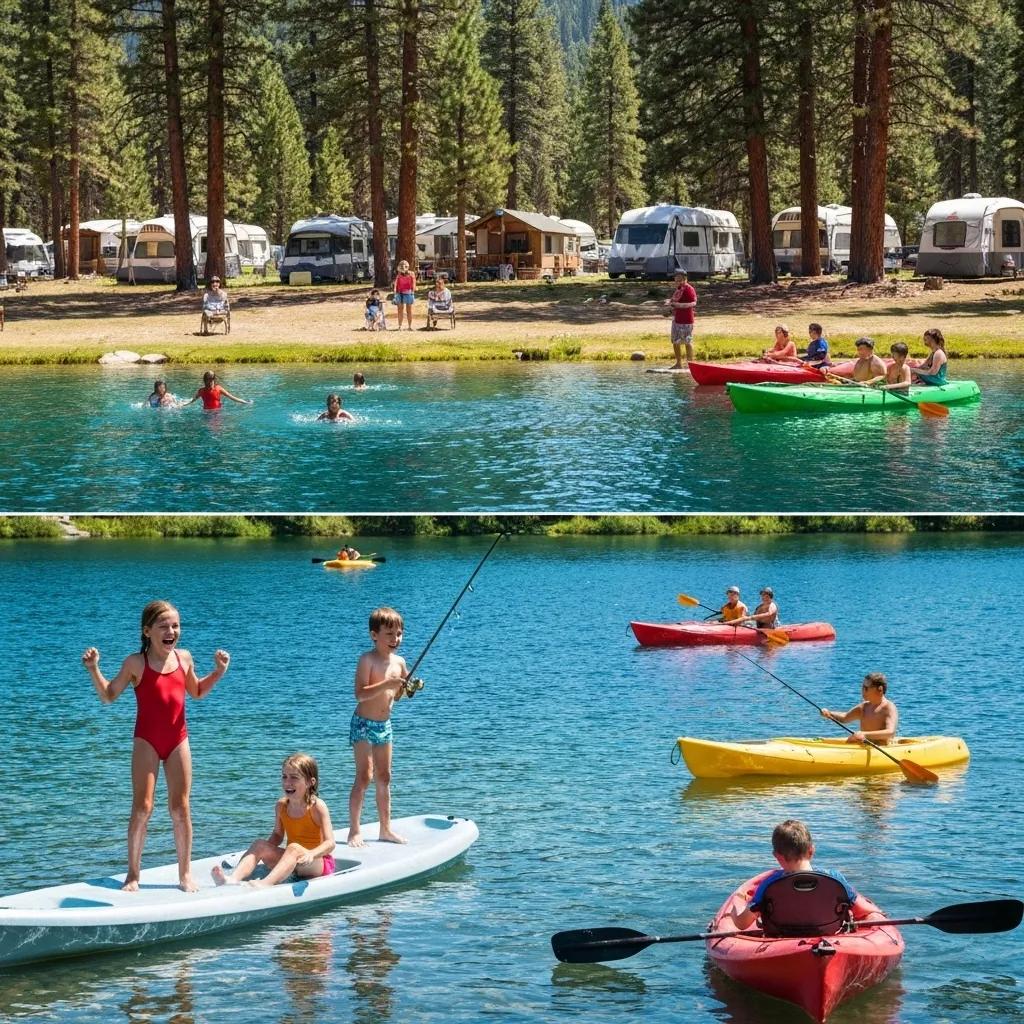 A family laughing while swimming, fishing, and kayaking on the beautiful lake at Ridge Ranch Campground