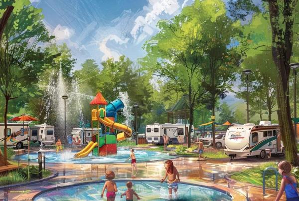 Family-friendly modern campground with splash park and RVs