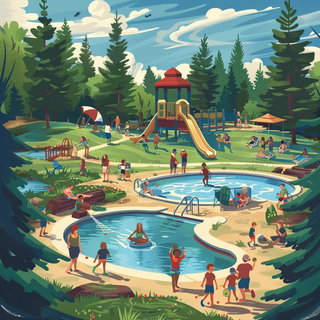 Families enjoying outdoor activities at a campground with playground, mini golf, and swimming pool