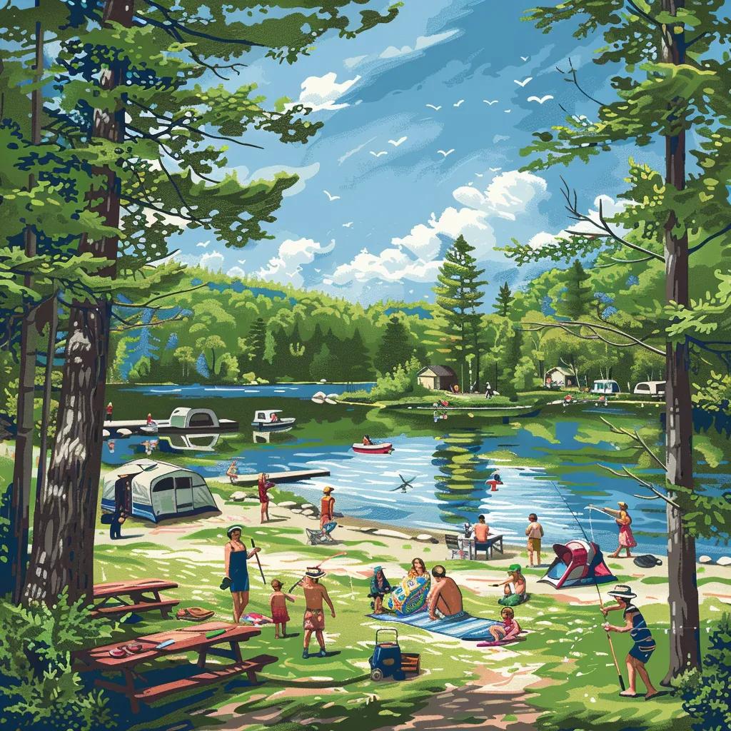 Families enjoying outdoor activities at Krystal Lake Campground, highlighting fishing, swimming, and games