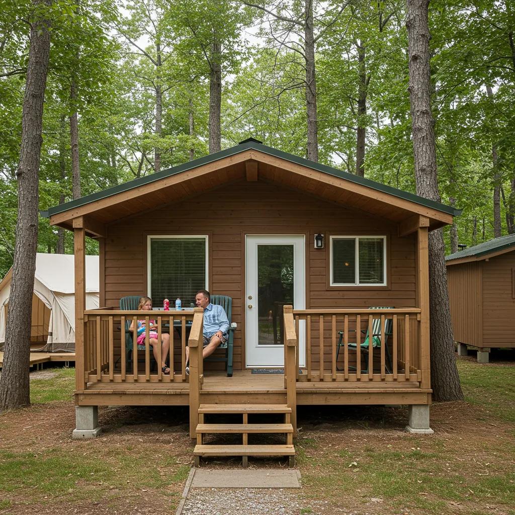 A family enjoying a cabin rental in a Michigan campground, highlighting glamping benefits
