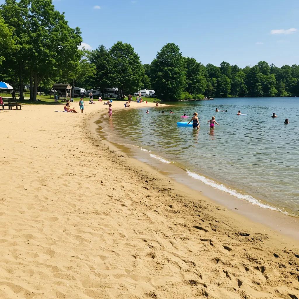 A sandy swimming beach at a Michigan campground, ideal for family fun and relaxation