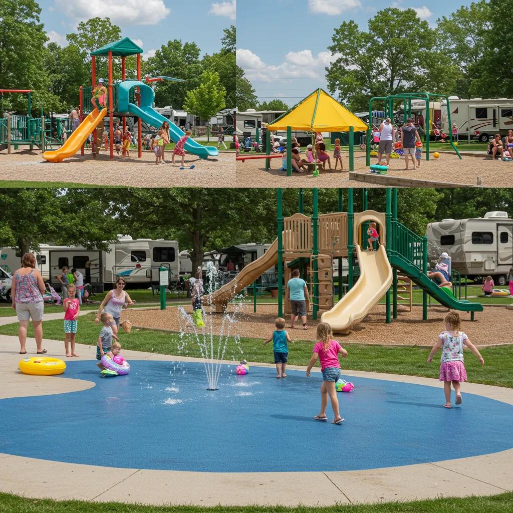 Amenities at a seasonal campground including a splash park and playground with families enjoying activities