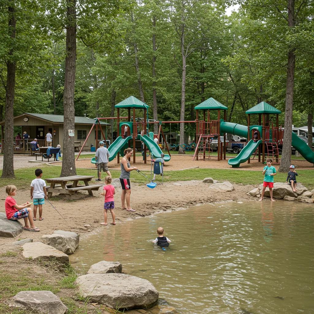 Campground family amenities like a playground and swim area enhancing the fishing experience