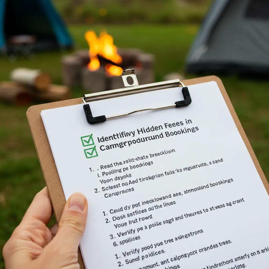 A checklist for identifying hidden fees in campground bookings, set against a camping backdrop