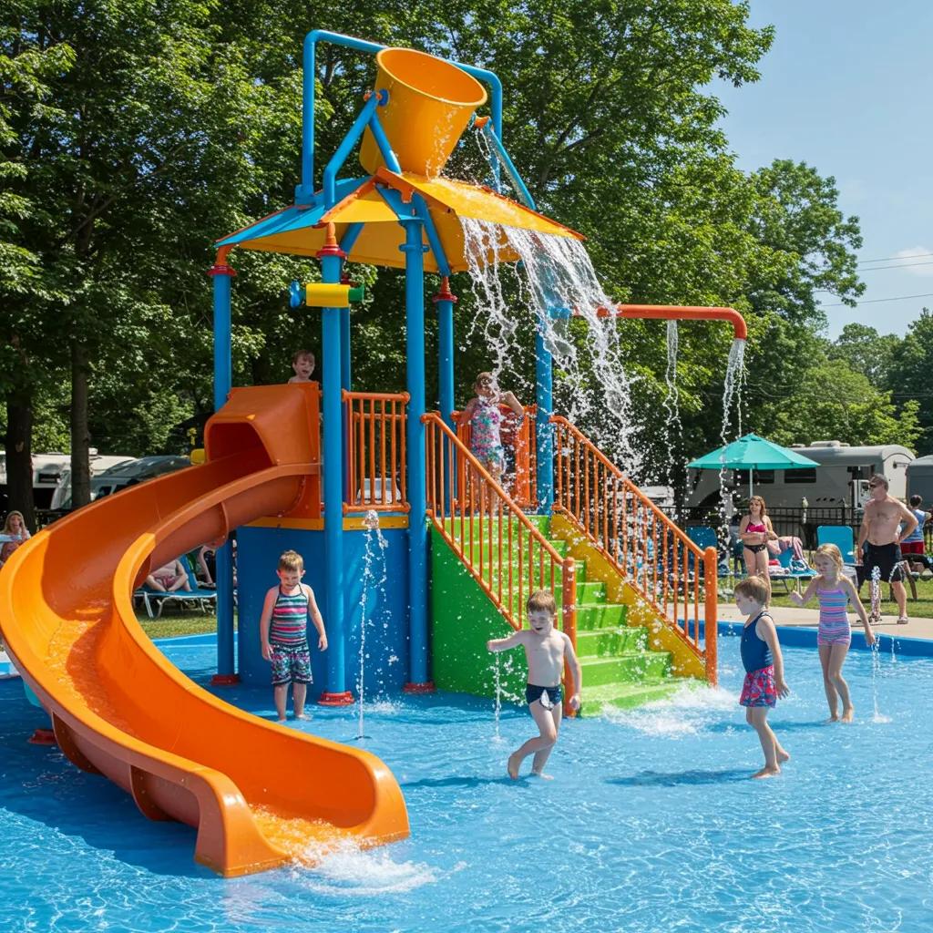 Children having a blast at a campground water park, showcasing excitement and outdoor fun