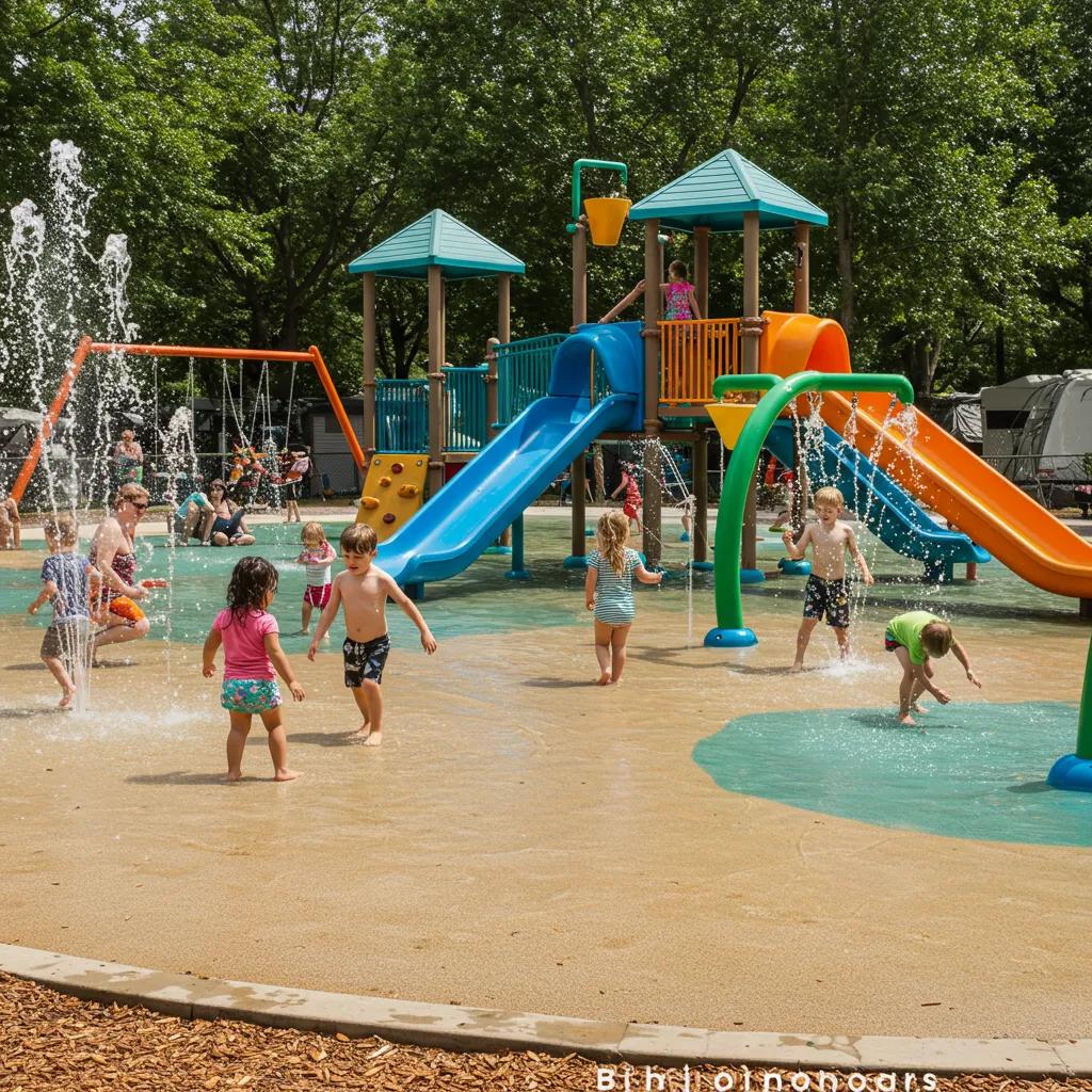 Children enjoying a water play area at a family-friendly campground, showcasing engaging amenities for seasonal campers