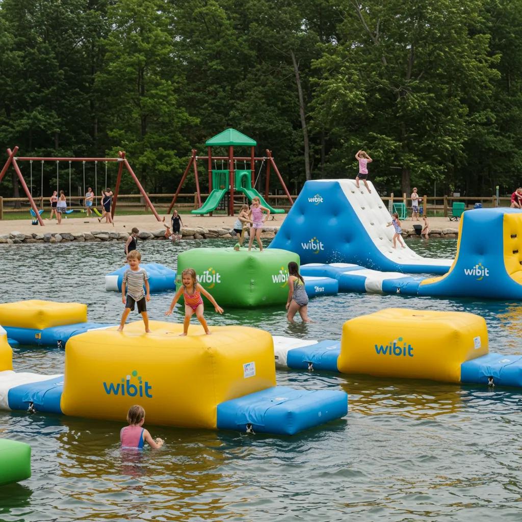 Children enjoying the Wibit water park and playgrounds at Walnut Hills Family Campground