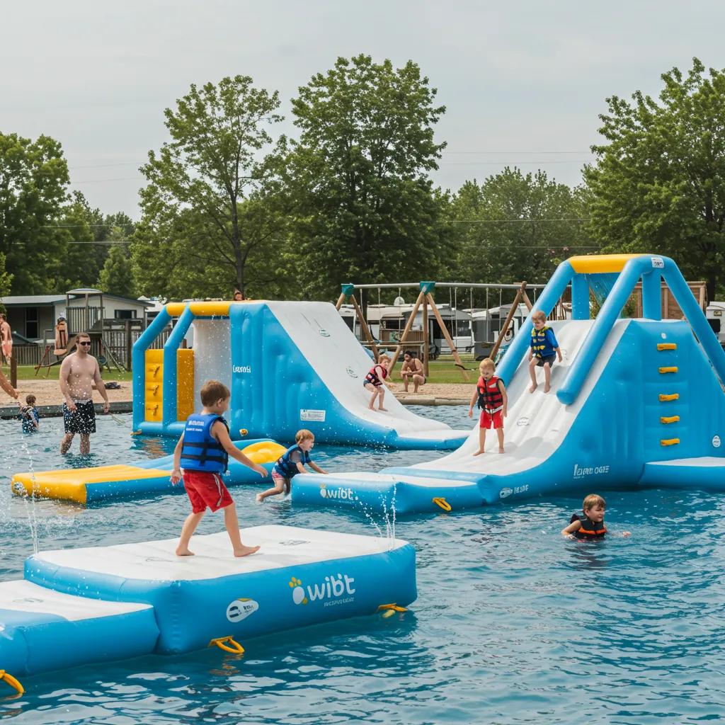 Children enjoying the Wibit water park at Walnut Hills Family Campground